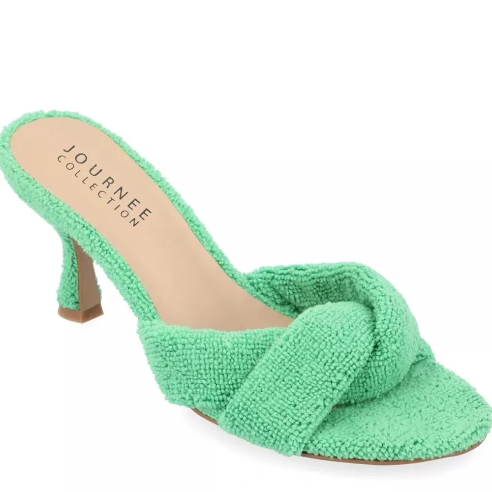 Green Terry Cloth Heeled Sandals - Picture 1 of 6